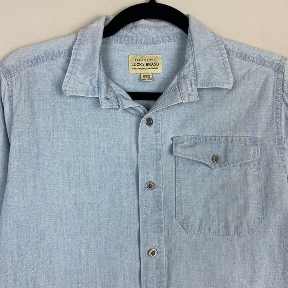 Lucky Brand Boy's Blue Chambray Shirt Button Up Light Wash Spellout Boys Large - Picture 3 of 9